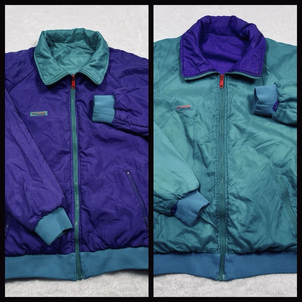 VTG 90s Columbia Jacket Mens L Teal Purple Bomber Reversible Softshell Zip Retro